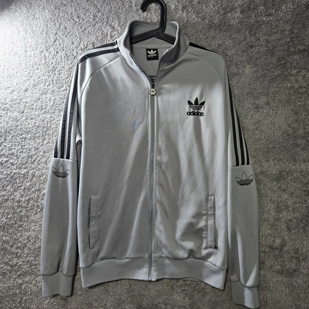 Adidas Originals Mens XL Grey Trefoil Track Jacket Full Zip 3-Stripe Activewear